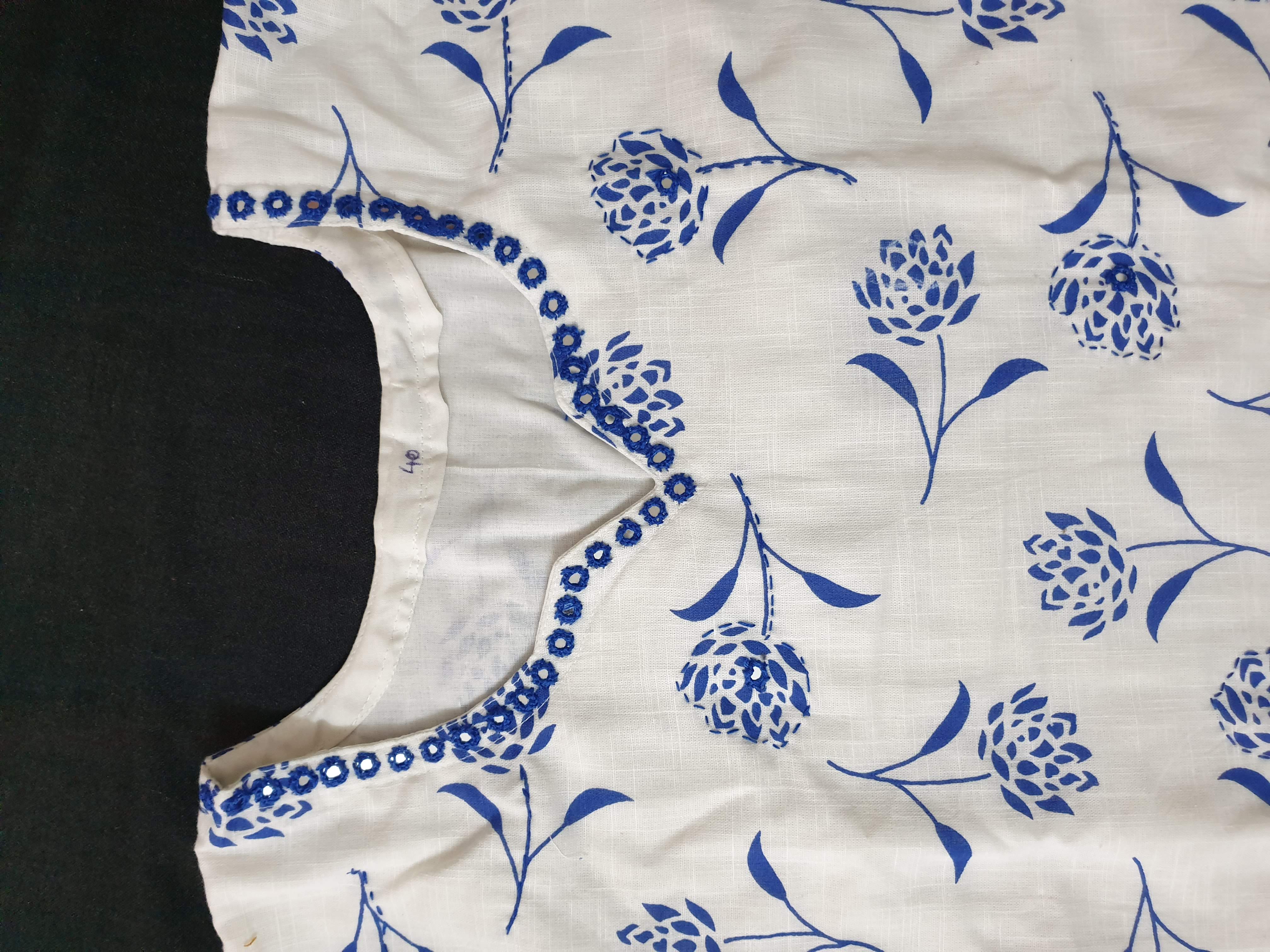 White and Blue Cotton Kurti with Front Mirror Work And Tussel